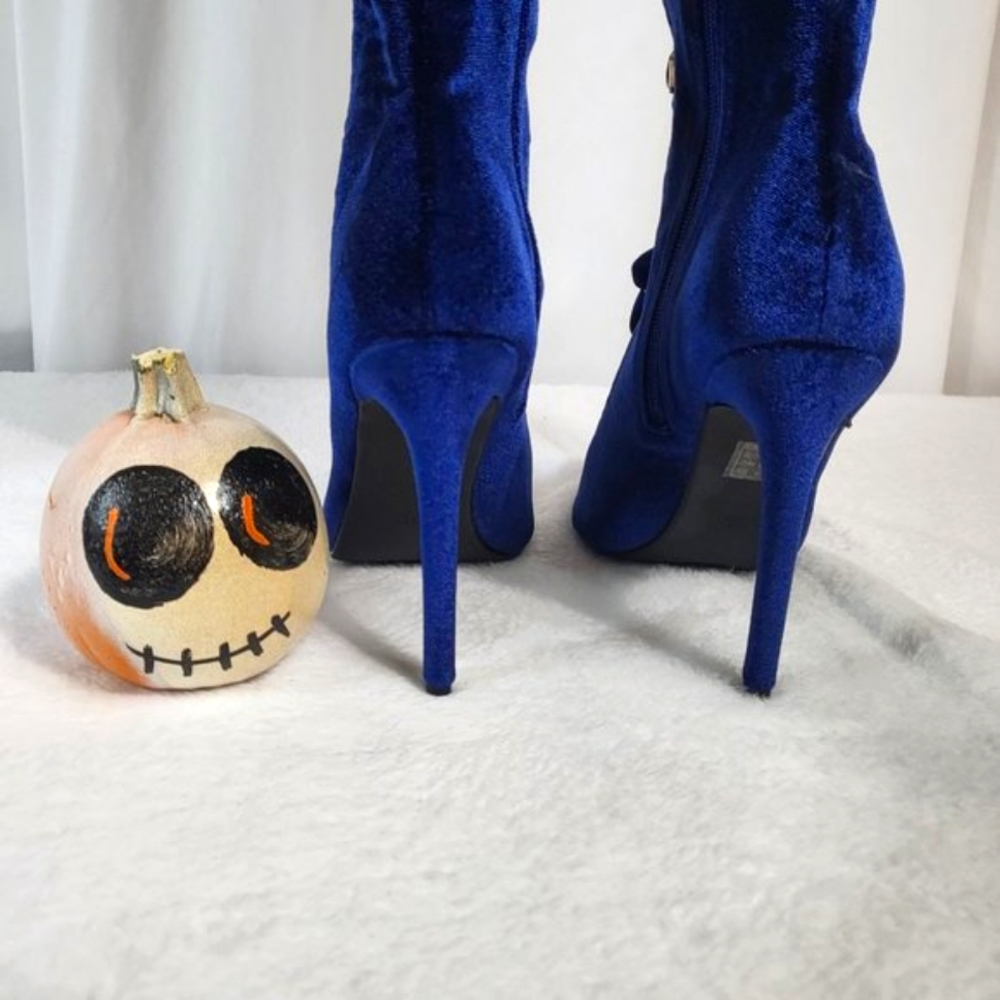 * Cape Robbin Navy Blue Satin Lace Up High Heel Thigh Boots - Picture 8 of 11